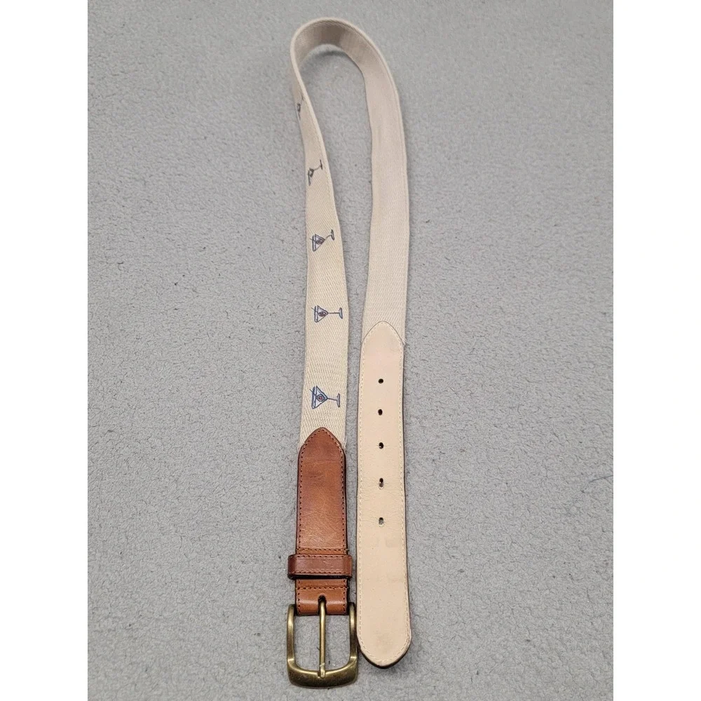J.McLaughlin Belt Mens 40 Khaki Ashton Embroidered Martini Webbing Leather Trim‎